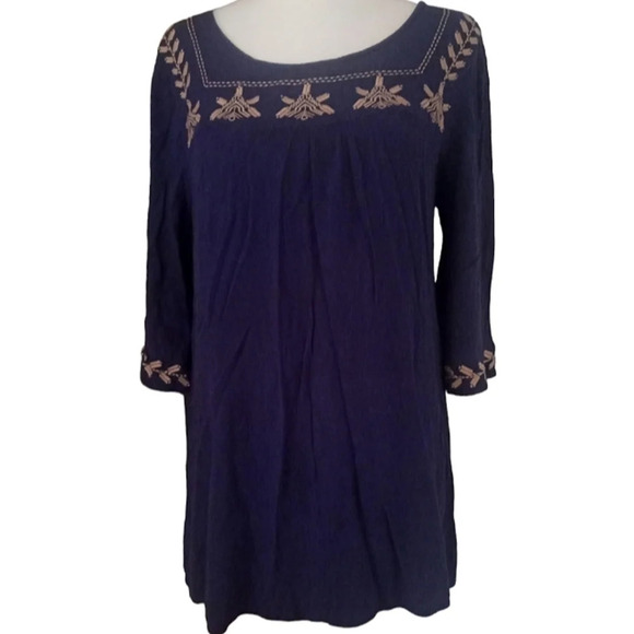 Umgee Blue Tan Embroidered Boho Lightweight Cotton Blend Tunic Top Size Large - Picture 4 of 9